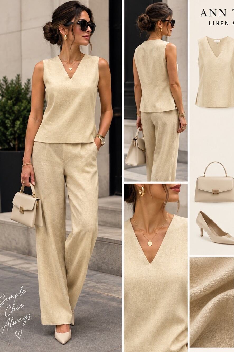 ann taylor Linen And Viscose Set Top And Pants Beige Size10P